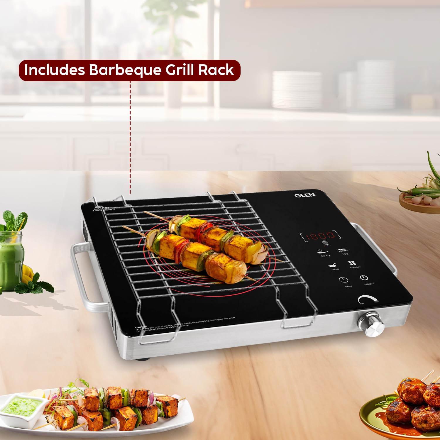 Glen SA 3072 IR 2200W Infrared Cooktop with Steel Grill Rack, Touch Control, Polished Crystal Glass Plate, Digital Display, 4 Preset & Timer, 4.5kV Surge Protection | Compatible with All Metals & Flat Bottom Mahajan Electronics Online