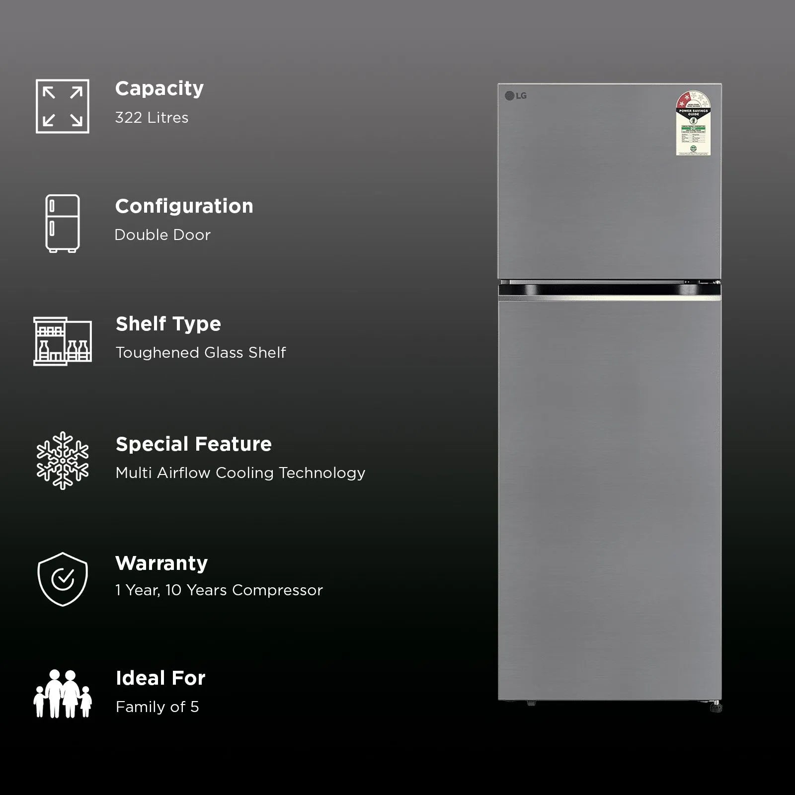 LG GLT3226SNPZ 322 Litres 2 Star Frost Free Double Door Convertible Refrigerator with Multi Air Flow ( Shiny Steel) (2026 Model) Mahajan Electronics Online