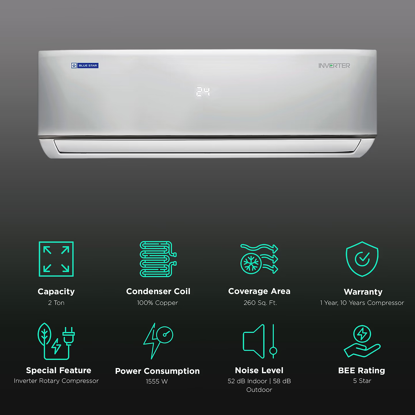 Blue Star IC524DNU  5 in 1 Convertible 2 Ton 5 Star Inverter Split AC with Turbo Cool Technology ( Copper Condenser)