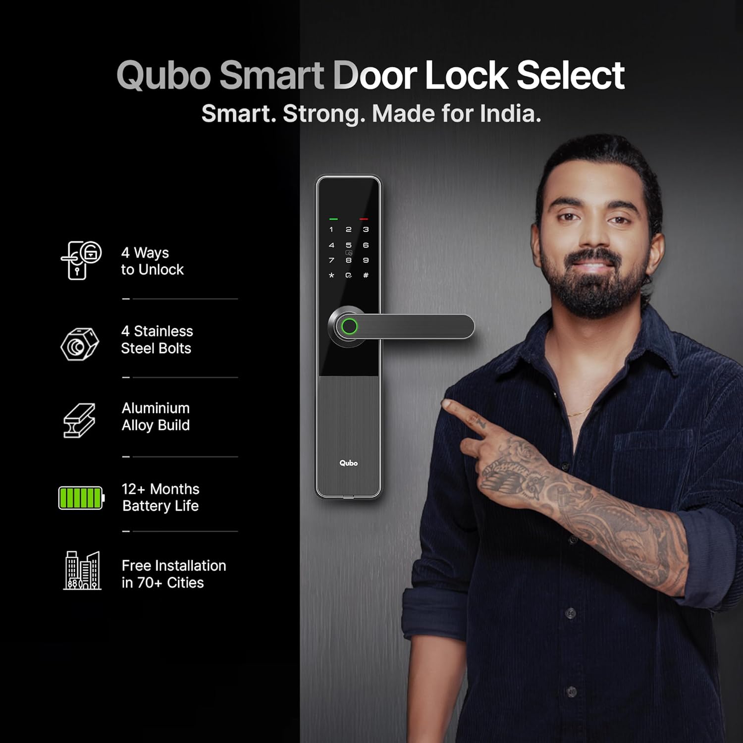 Qubo Smart Door Lock Optima from Hero Group | 4 Bolts | Fingerprint | PIN | Access Cards | Mechanical Key | Passage Mode | 2 Years Brand Warranty | (Black) OC-HLM11BL1 Mahajan Electronics Online