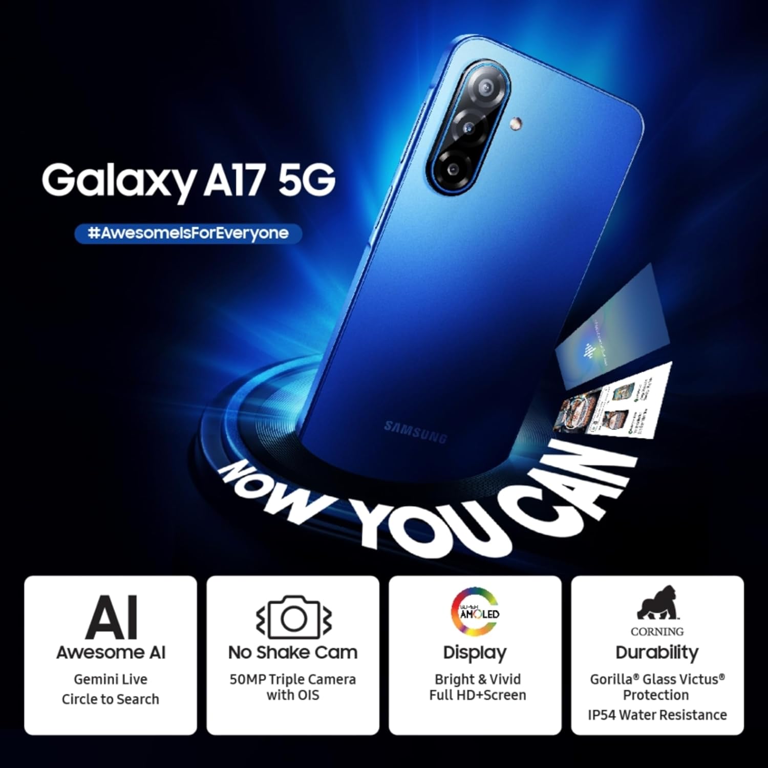 Samsung Galaxy A17 5G (Blue, 6GB RAM, 128GB Storage) | 50 MP No Shake Camera | Gemini Live | Circle to Search | Super AMOLED | Corning Gorilla Glass Victus | 7.5mm Sleek | AI Mahajan Electronics Online