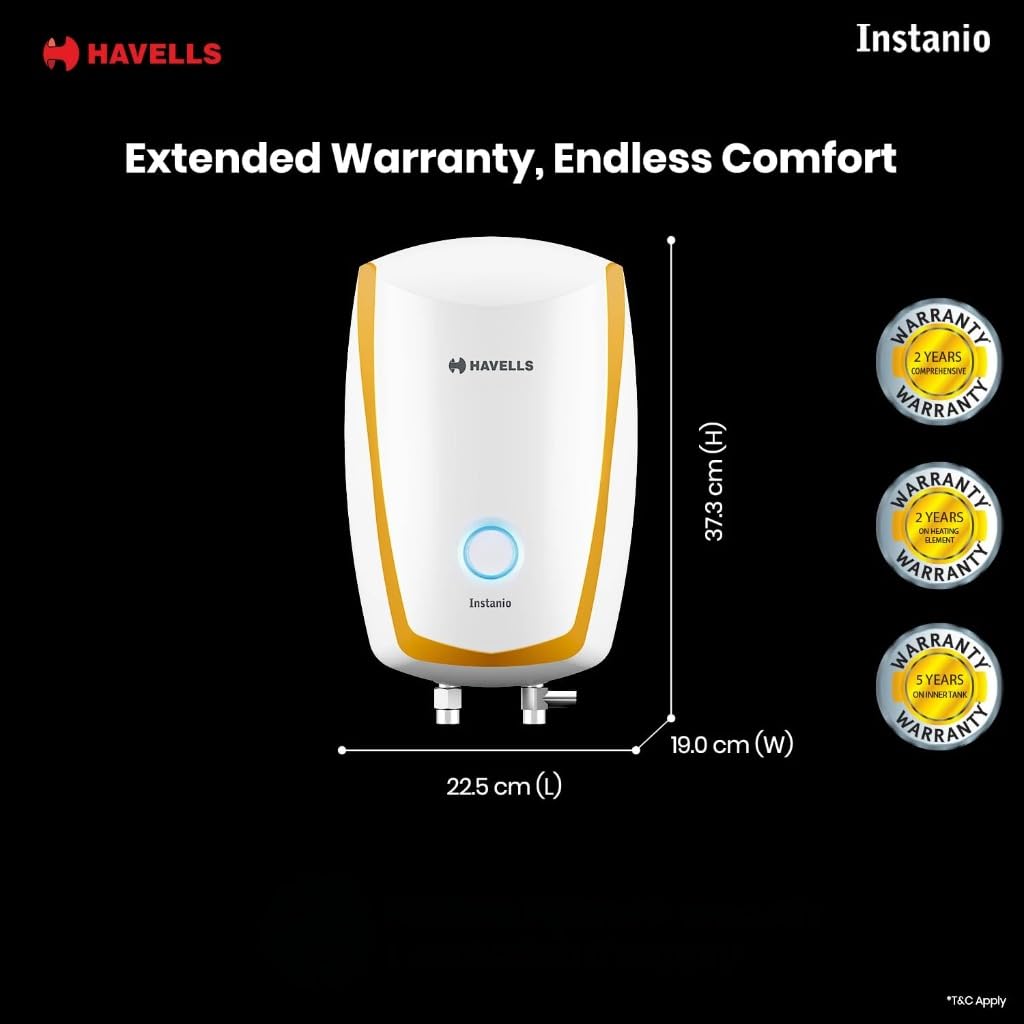 Havells Instanio 3L Instant Water Heater(Geyser)|Temp. Sensing LED Indicator| Rust & Shock Proof Body| ISI Marked|Warranty:5 year on Inner Tank| High Rise Compatible(White Mustard) Mahajan Electronics Online
