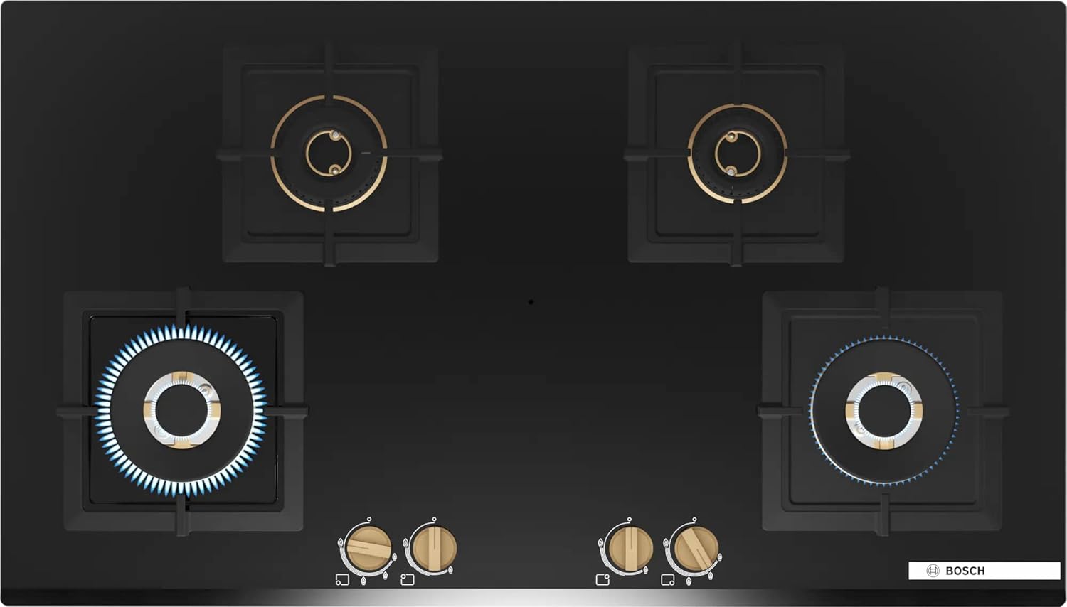 Bosch PNF9B6G20I Built in Gas Hob Black Tempered glass Glass 4 Burner Auto Ignition 90 cm Full Brass 3D Ring Burners with Matt Black Heat Shields & Cast Iron pan supports Mahajan Electronics Online