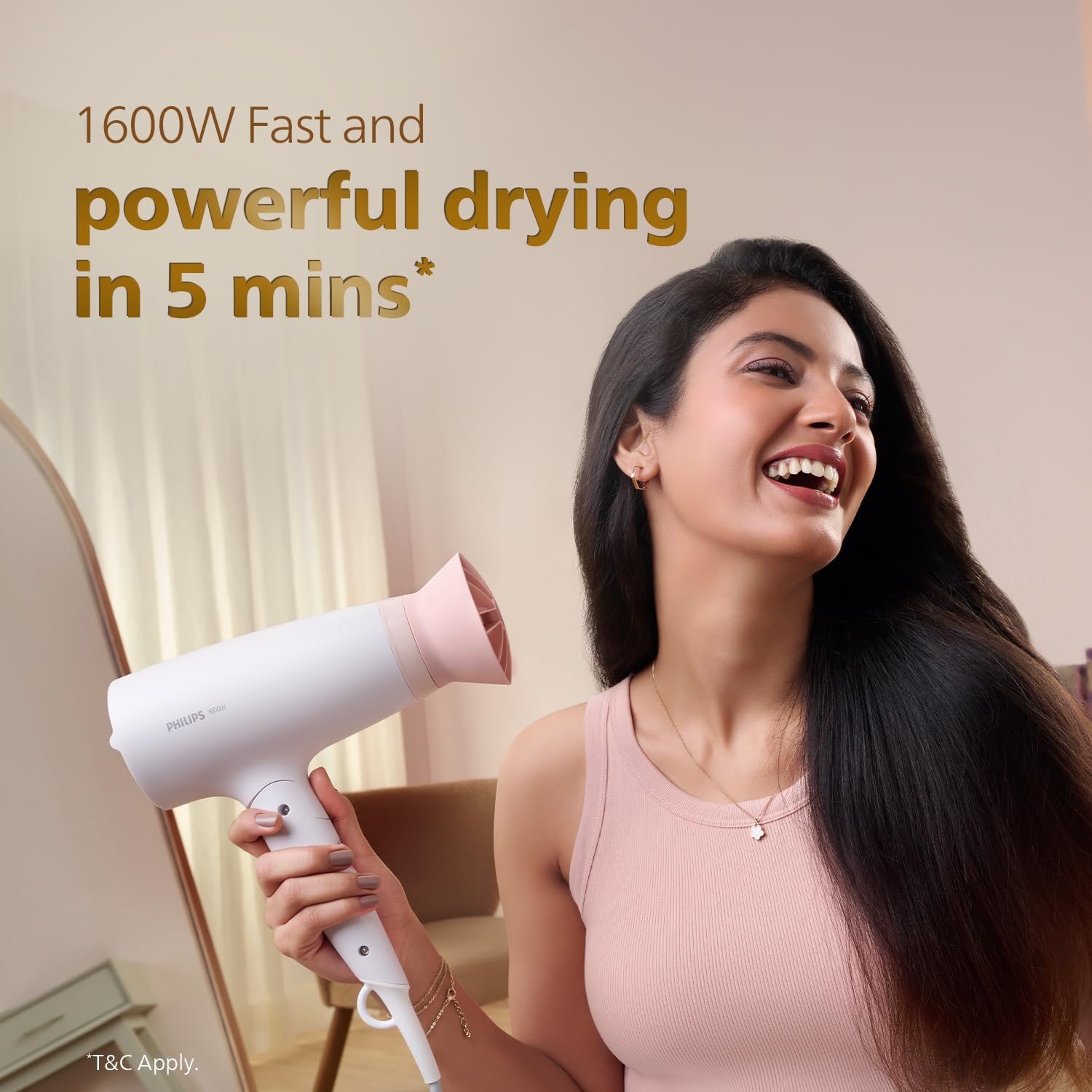Philips BHD308/30 Foldable Hair Dryer 1600 Watts| Heat Settings with Cool Shot (Hot/Cool/Warm) | ThermoProtect Airflower Attachment- Pink | White | Perfect Blow Dry & Style for Men and Women | 2 years Warranty Philips