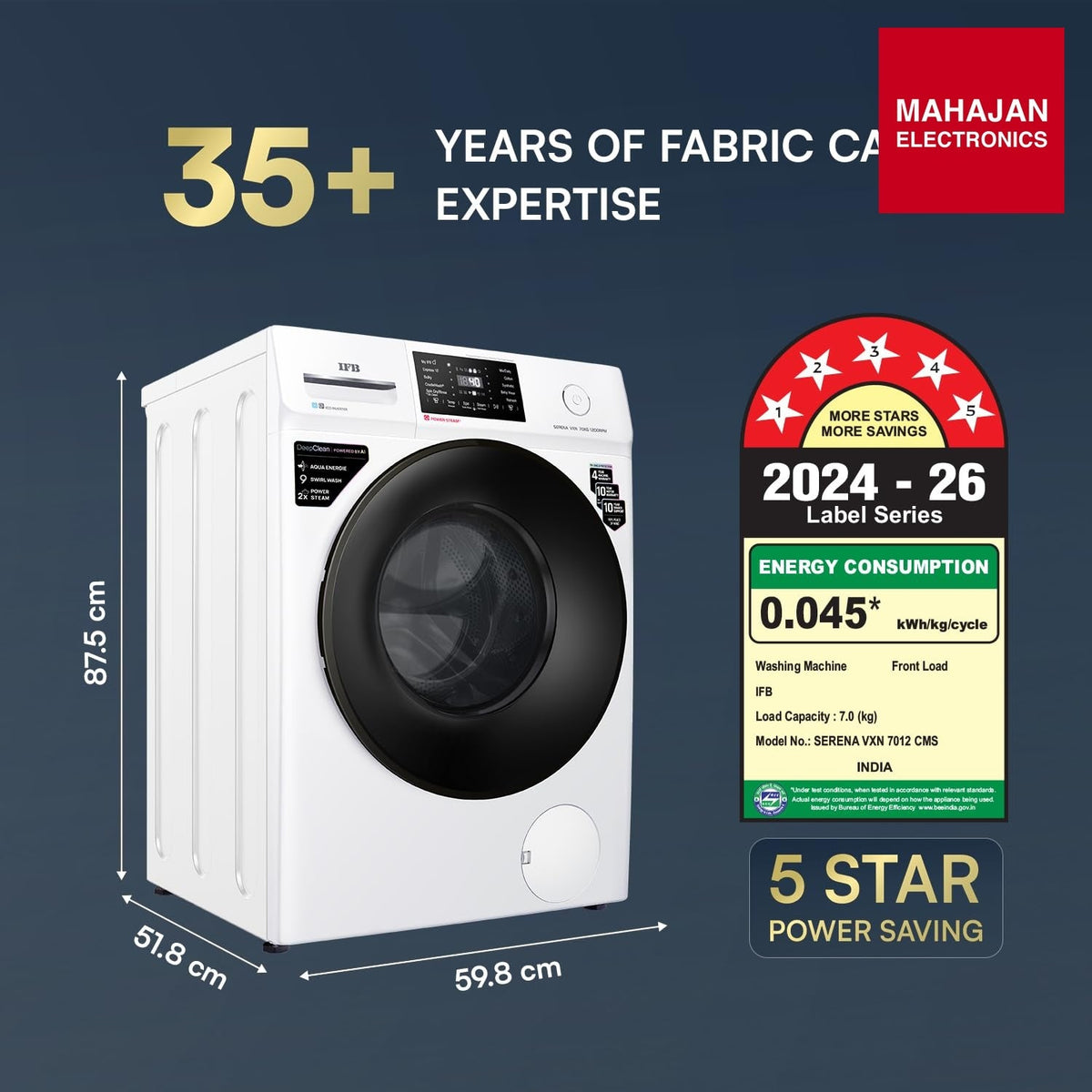 IFB SERENA VXN 7012 CMS 7 Kg 5 Star, 9 Swirl Wash, Steam Refresh, Eco Inverter Motor, WiFi Enabled, DeepClean® Ai Powered Fully Automatic Front Load Washing Machine( 2X Power Steam®,Inbuilt Heater,White) IFB