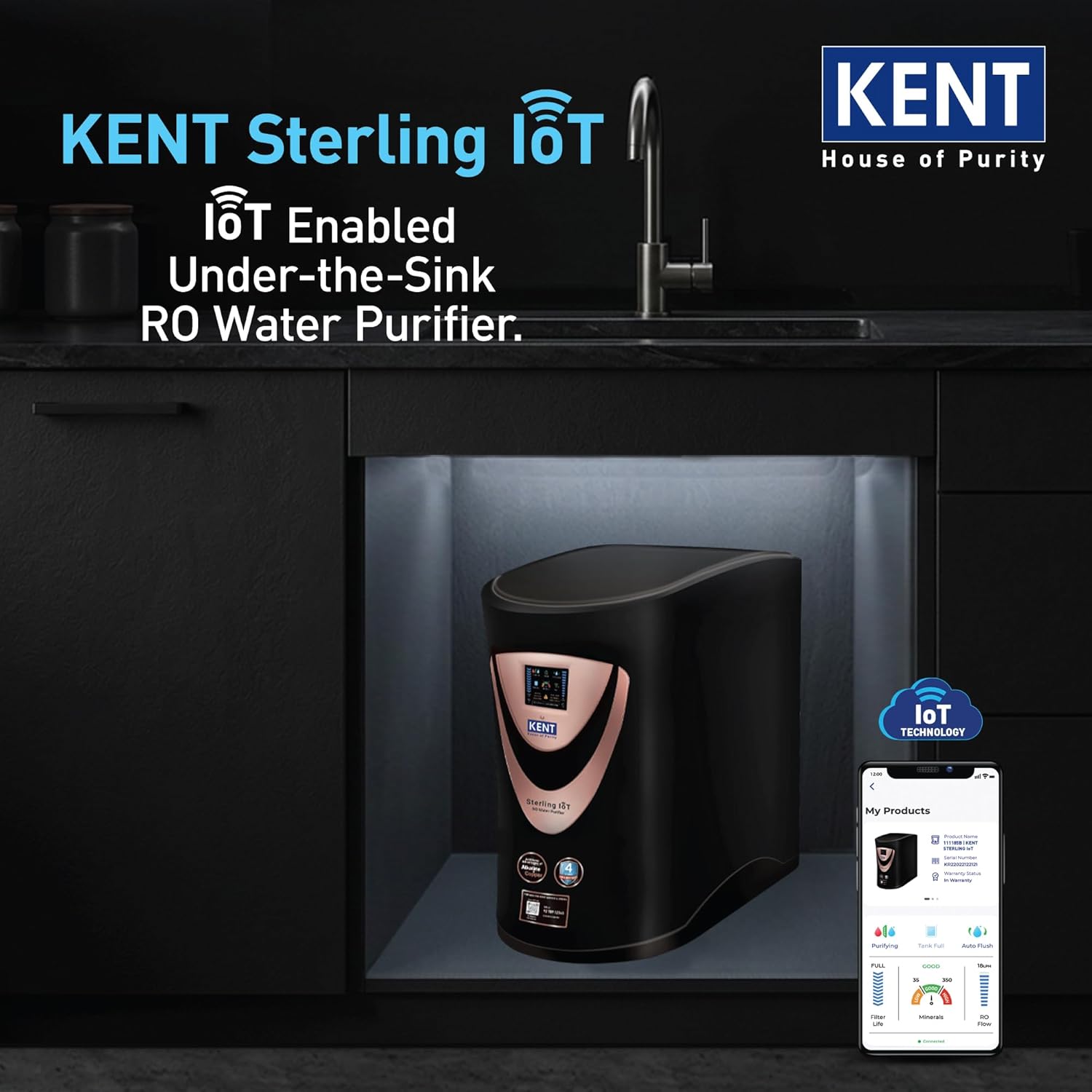 KENT Sterling IoT Under the Counter RO Water Purifier| RO+UV+UF+Alkaline+Copper+TDS Control | IoT Enabled | Fully Automatic On&OFF Operation | 6L |20 LP/Hr|Ideal For Borewell/Tanker/Municipal Water Kent