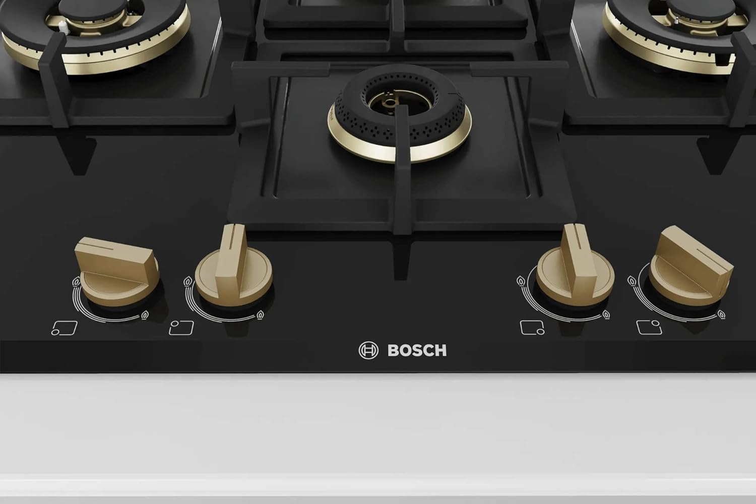 Bosch PNI7B6F20I Built in Gas Hob Black Tempered glass Glass 4 Burner Auto Ignition 75 cm True Brass 2D Ring Burners with Matt Black Heat Shields & Cast Iron pan supports Mahajan Electronics online