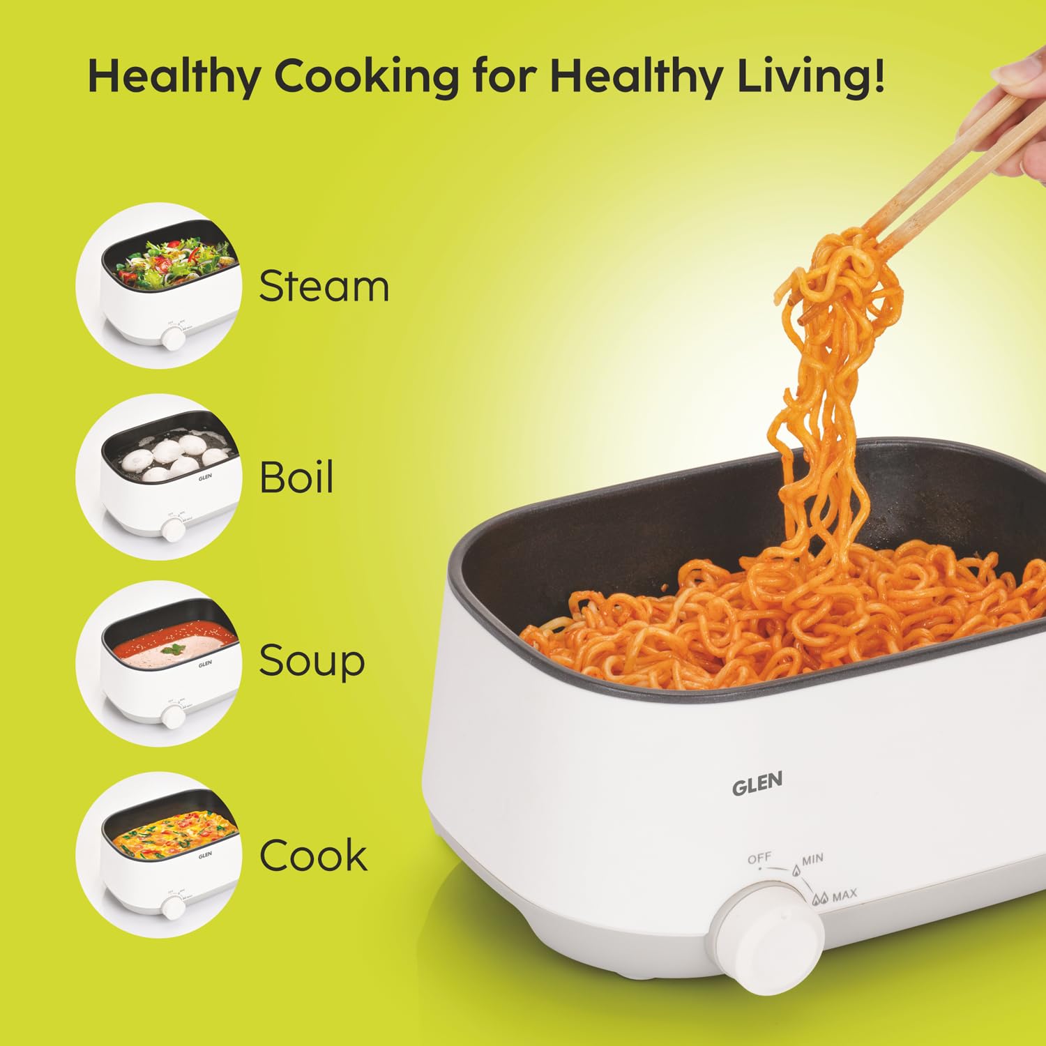 Glen SA-3051MFS 3 In 1 Multi Cooker & Food Steamer, 600W, With Nonstick Pot, 2 Power Settings, Vegetable Steaming Tray, Cook Steam & Boil, Multicooker Egg Boiler Machine , 1.2 Liters Mahajan Electronics Online