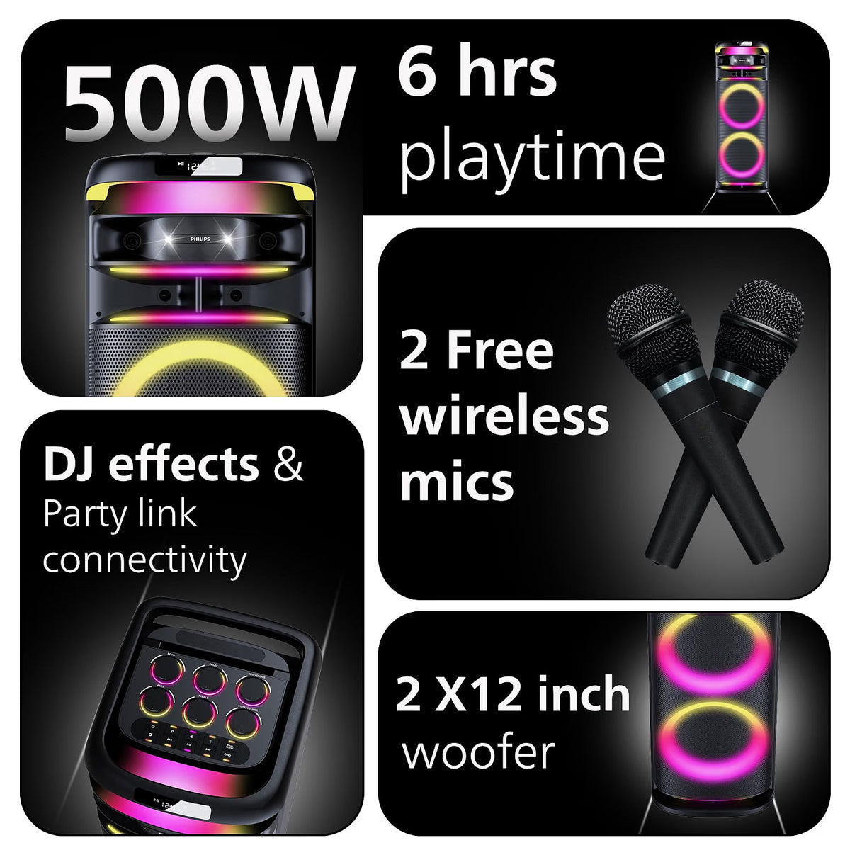 PHILIPS TAX5004 500W Bluetooth Party Speaker with 2 Free Wireless Mic, Powerful Sound, Deep Bass, RGB Lights, LED Display, Portable Loudspeaker with USB, AUX, DJ Party Effects for House Party Philips
