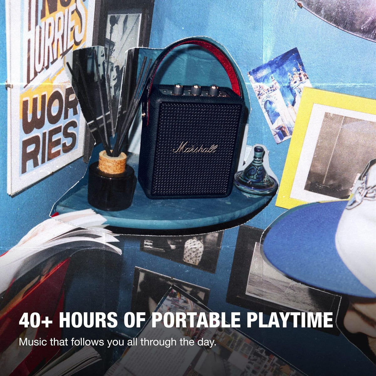 Marshall Stockwell III Portable Bluetooth Speaker with 40+ Hours of Playtime, (360° True Stereophonic Sound), IP55 Dust & Water Resistant, M Button for Presets – Mahajan Electronics Online.