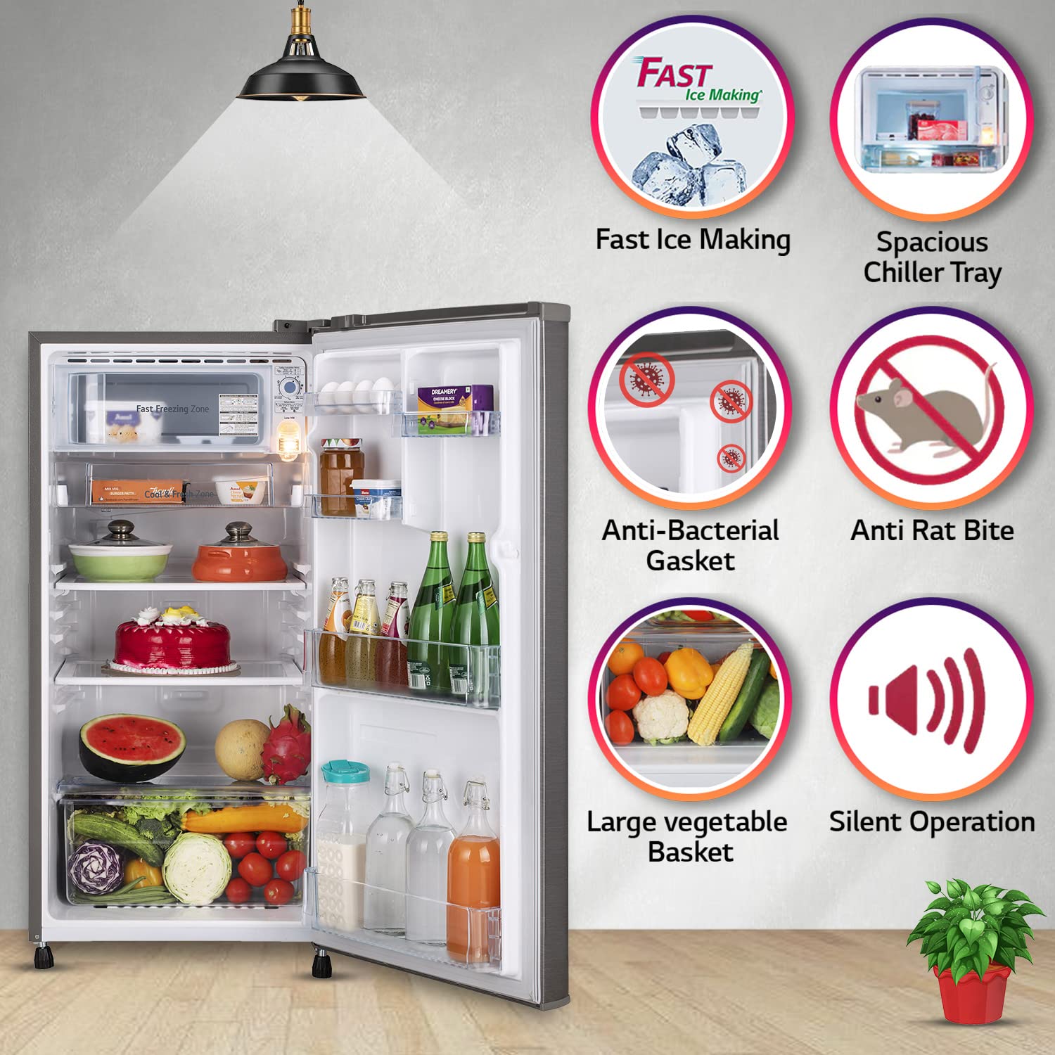 LG GL-B199ODSB 185 L Direct Cool Single Door Refrigerator | 2 Star Rating | Toughened Glass Shelves | Anti-Bacterial Gasket | Stabilizer Free Dazzle Steel