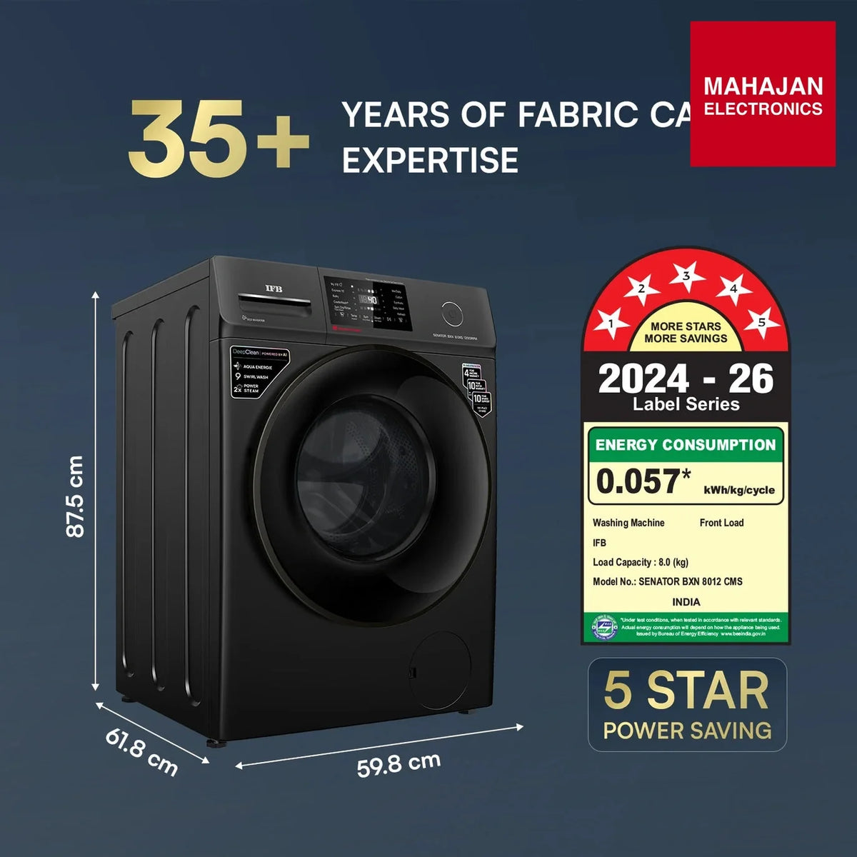 IFB SENATOR BXN 8012 CMS 8 Kg 5 Star AI Powered Front Load Washing Machine | WiFi | PowerSteam® | Steam Refresh | Eco Inverter | Black – Mahajan Electronics Online.
