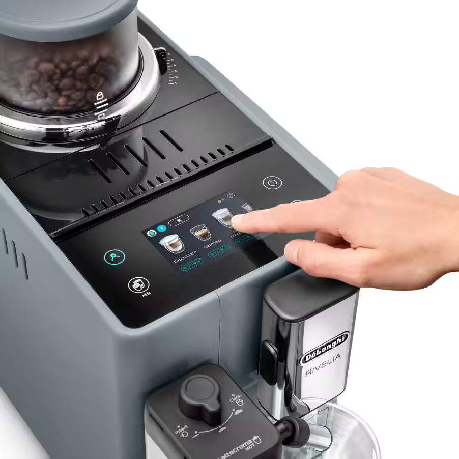 De'Longhi Rivelia EXAM440.55.G Fully Automatic Coffee Machine – LatteCrema Hot, Automatic Milk Frother, Bean-to-Cup, 16 Coffee Recipes, Compact Design, Full Touch Color Display – Grey Mahajan Electronics Online