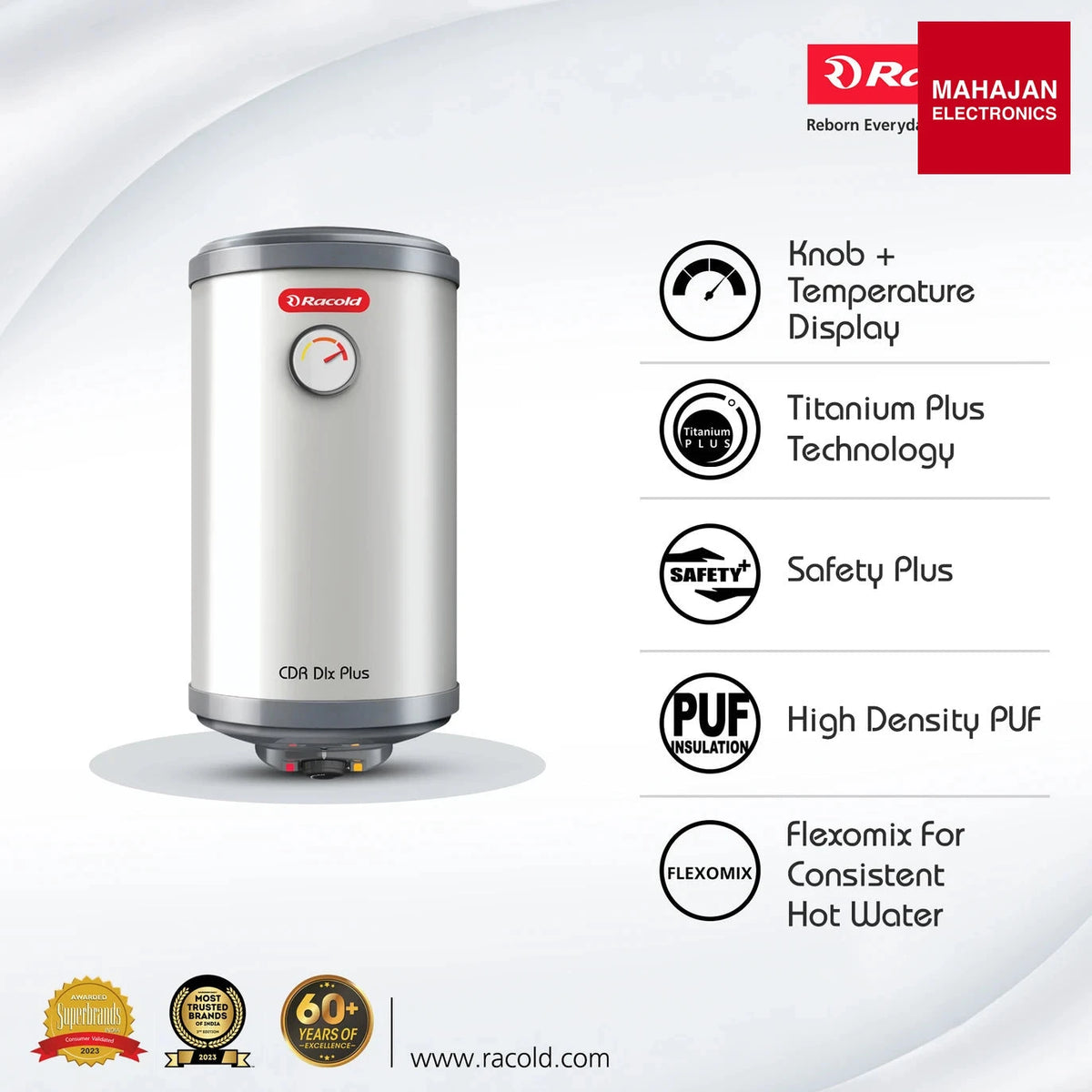 Racold CDR DLX Plus 25L 5 Star Storage Water Geyser – Titanium Plus Tank, Fast Heating, Vertical Mount Racold – Mahajan Electronics Online.