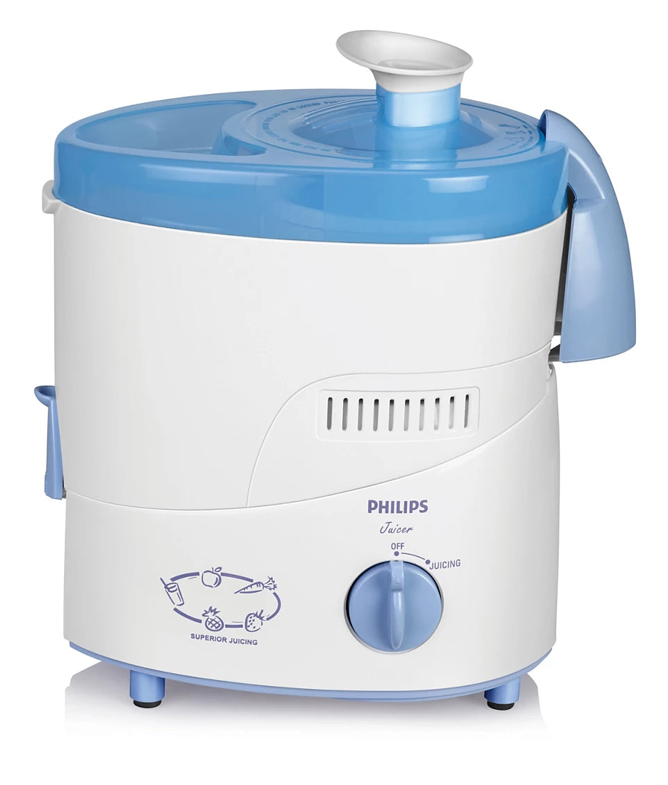 Philips HL1631/J 500W Juicer with Reverse Spiral Sieve for Maximum Juice Extraction – White & Blue