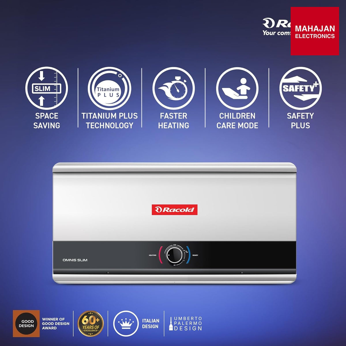Racold Omnis Slim 25L Horizontal Energy Efficient Storage Water Heater (Geyser) With Free Standard β Mahajan Electronics Online.