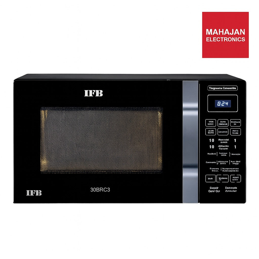 Black microwave oven with digital display on a white background, featuring IFB and Mahajan Electronics logos.