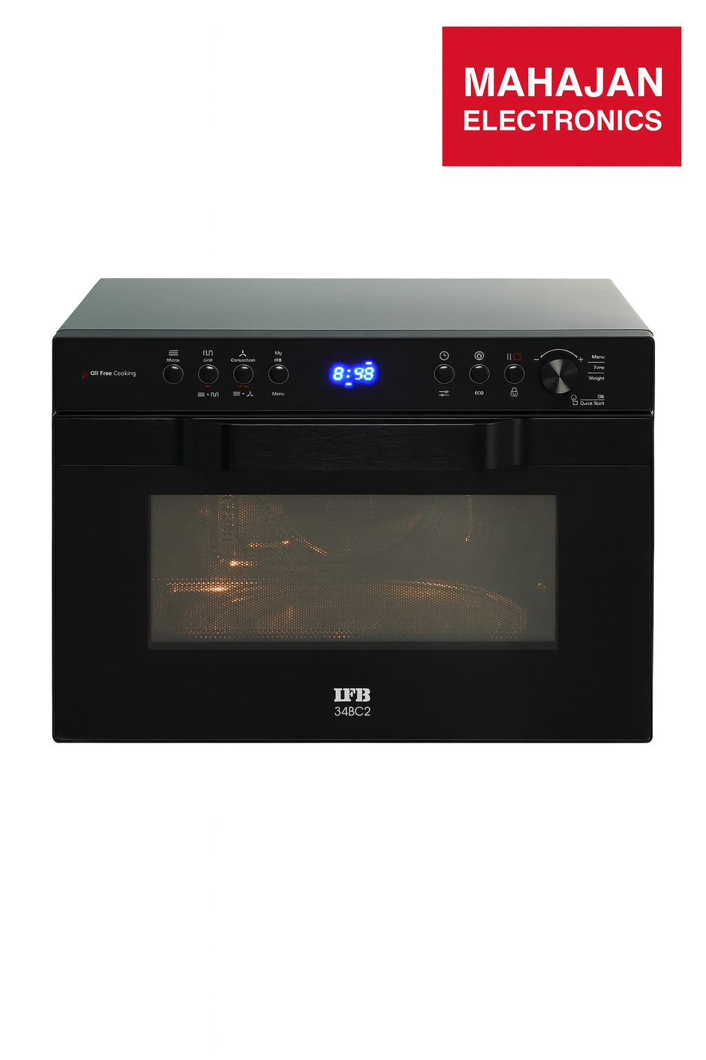 Black microwave oven with digital display on a white background, featuring Mahajan Electronics branding.