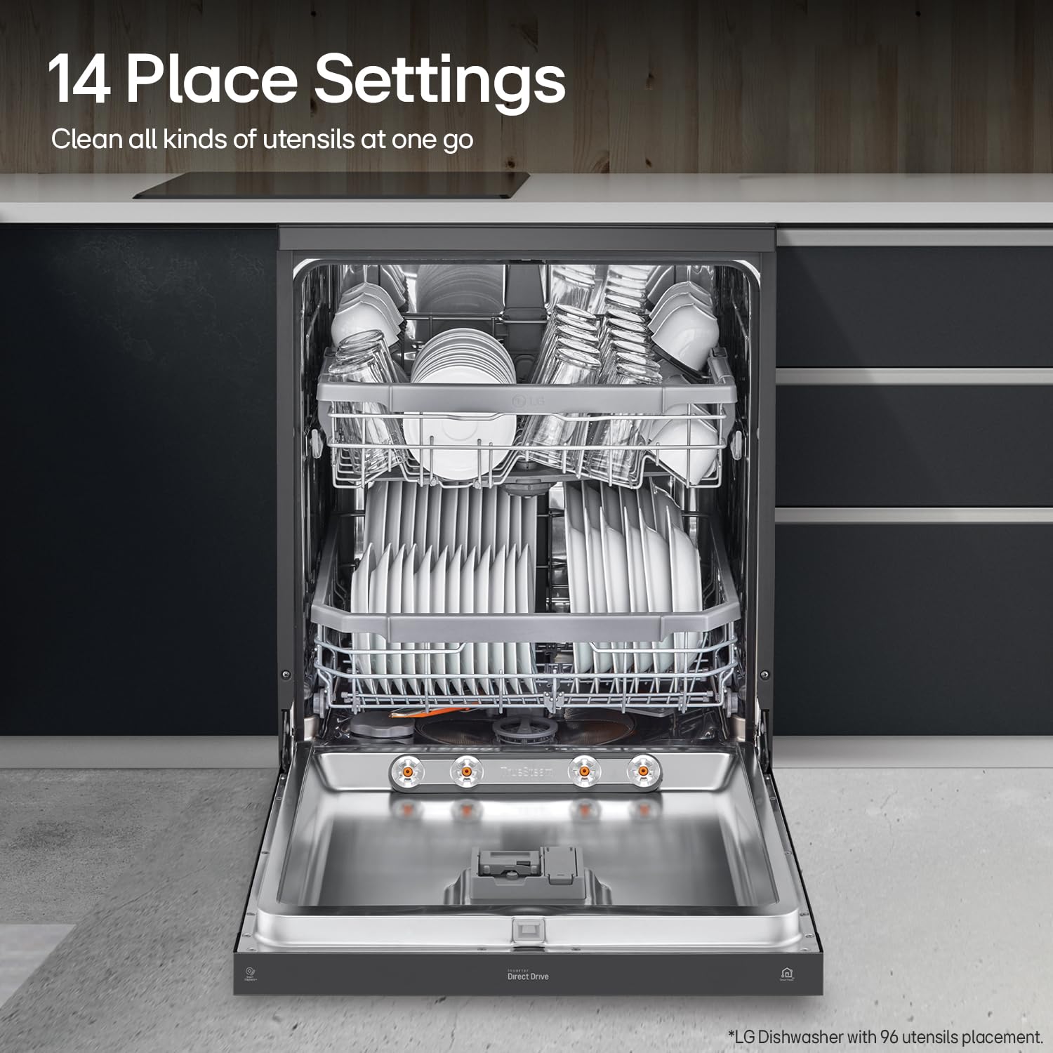 LG DFB424FM 14 Place Setting Dishwasher | TrueSteam, QuadWash, EasyRack Plus, Wi-Fi Enabled, Matte Black, Inverter Direct Drive Motor | Freestanding Dishwasher for Indian Kitchens