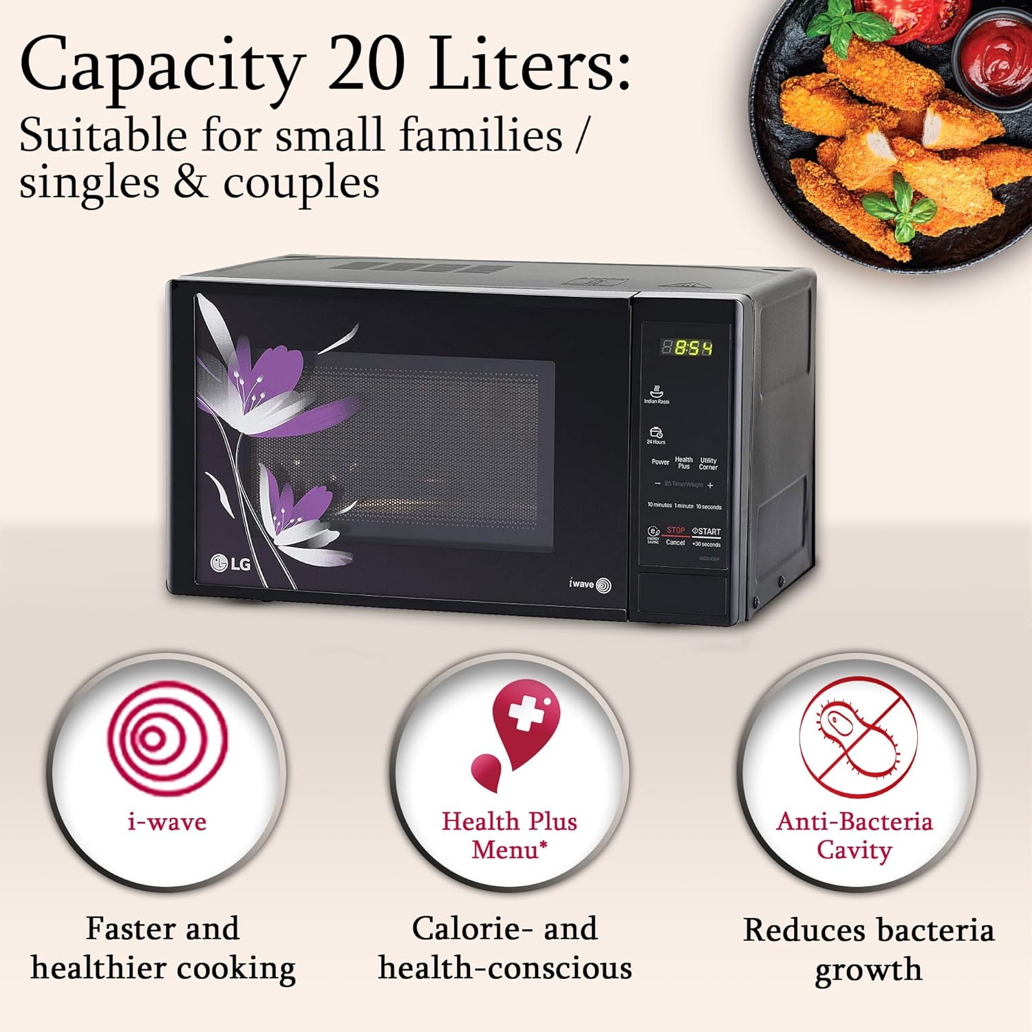 LG 20 L Solo Microwave Oven (MS2043BP, Black, Health plus Menu, I-Wave Technology, Indian Cuisine, Even Reheat & Defrost, Auto Cook Menu, Anti-Bacterial Cavity & Steam Clean) Mahajan Electronics Online