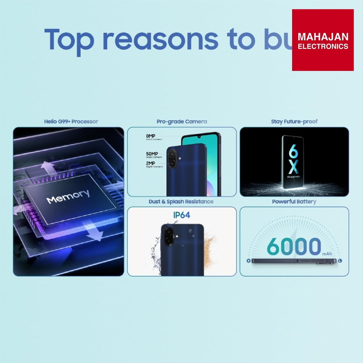 Samsung Galaxy A08 LTE (Dark Blue, 4GB RAM, 64GB Storage), MediaTek Helio G99+ (6nm), 50MP Dual Camera, 6000mAh Battery, IP64 Rating, 6 Gen OS Upgrades – Mahajan Electronics Online.