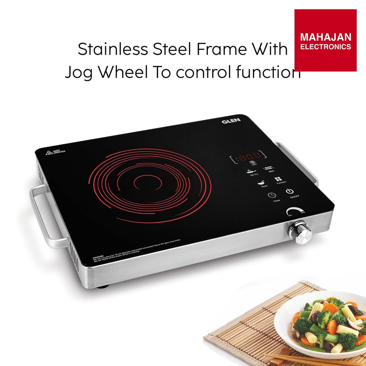 Glen SA 3072 IR 2200W Infrared Cooktop with Steel Grill Rack, Touch Control, Polished Crystal Glass Plate, Digital Display, 4 Preset & Timer, 4.5kV Surge Protection – Mahajan Electronics Online.