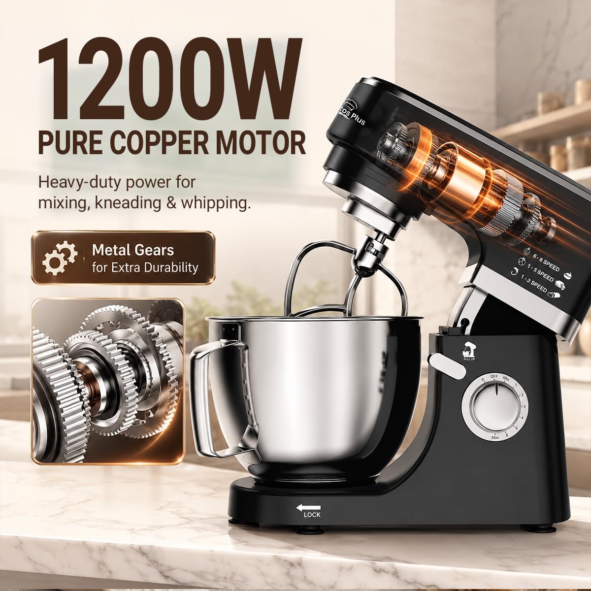 INALSA Stand Mixer 1200W|Pure Copper Motor|5.3L SS Bowl With Splash Guard|Metal Gears for Extra β Mahajan Electronics Online.