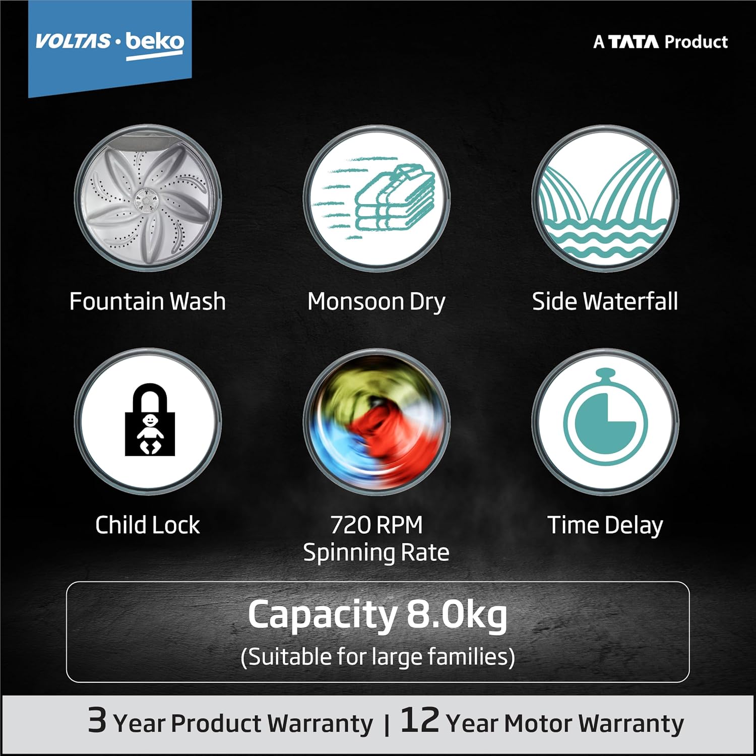 Voltas Beko 8 Kg 5 Star Top Load Fully Automatic washing machine ( Black )WTL8011AU/BPC00D