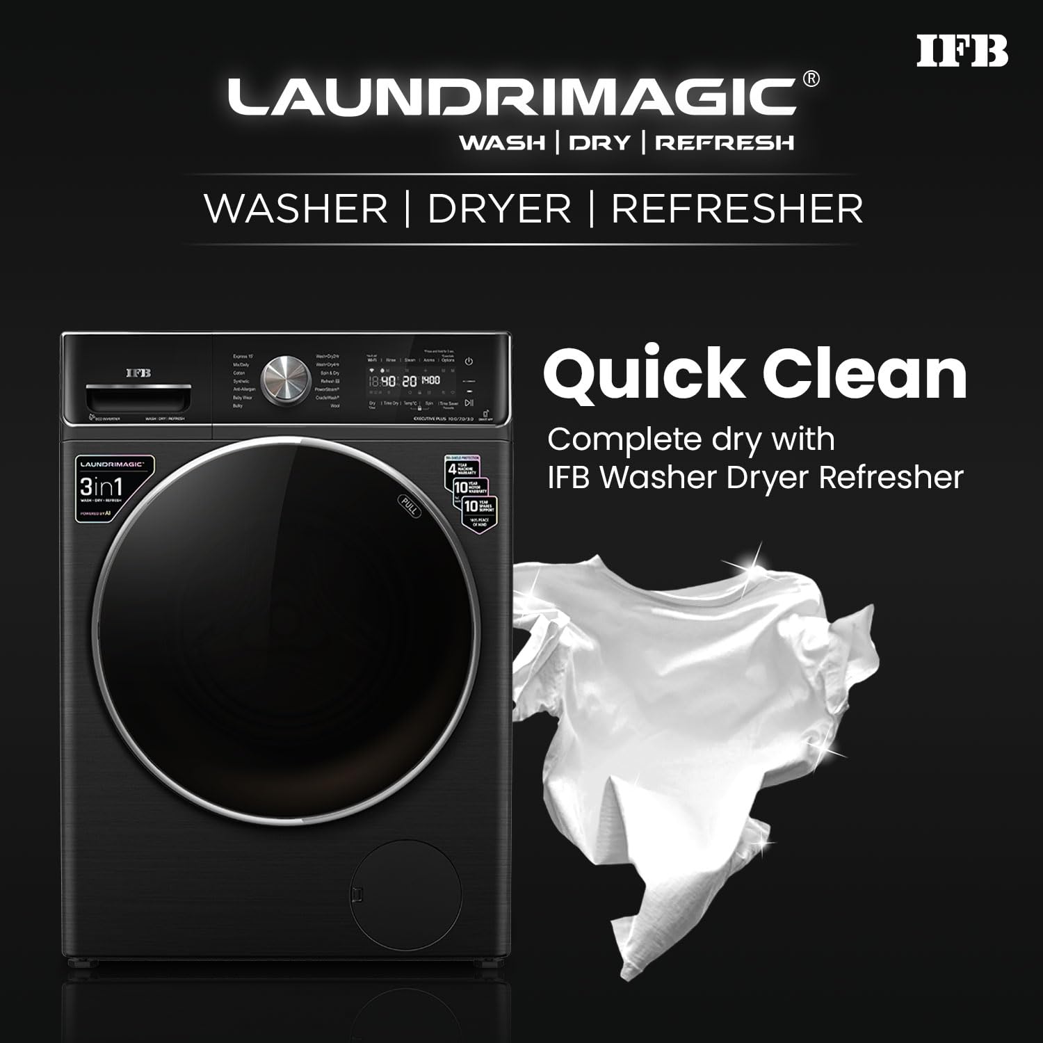 IFB EXECUTIVE PLUS ZXB 10 Kg/7 Kg/3 Kg 3-in-1, AI Powered, Fully Automatic Washer Dryer Refresher (IFB Laundrimagic, 9 Swirl Wash, Eco Inverter Technology, Black VCM) Mahajan Electronics Online