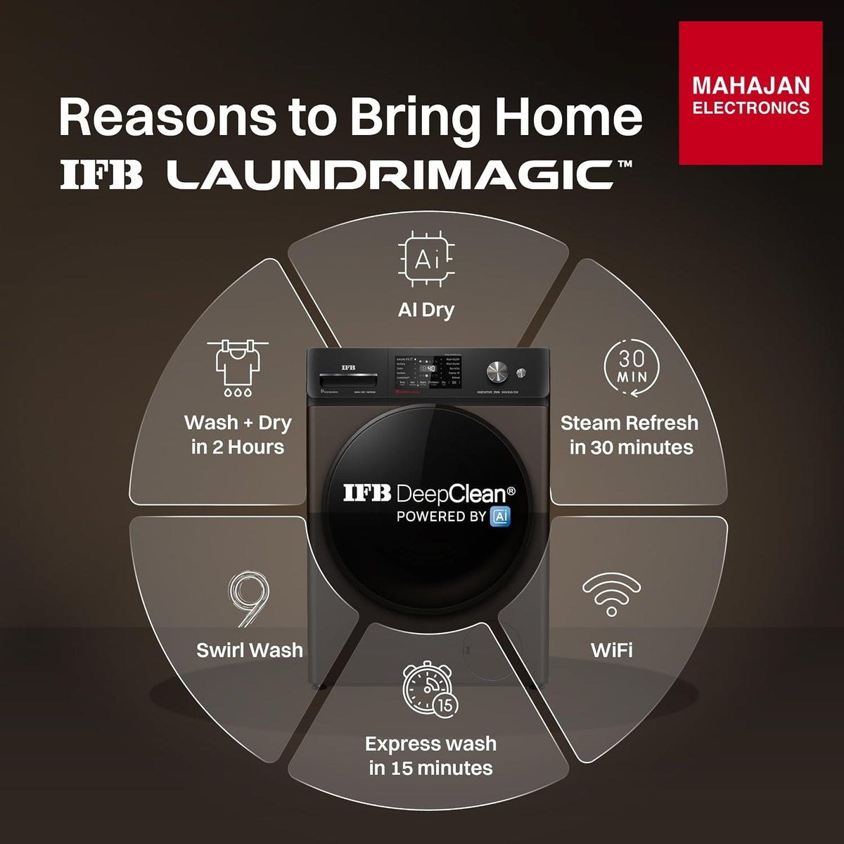 IFB WDR Executive ZMN CMS 9/6/3 kg Fully Automatic Washer Dryer Refresher with Steam Refresh, AI Powered, 100% Dry Clothes, 9 Swirl Wash Mimic Handwashing, WiFi & Eco – Mahajan Electronics Online.