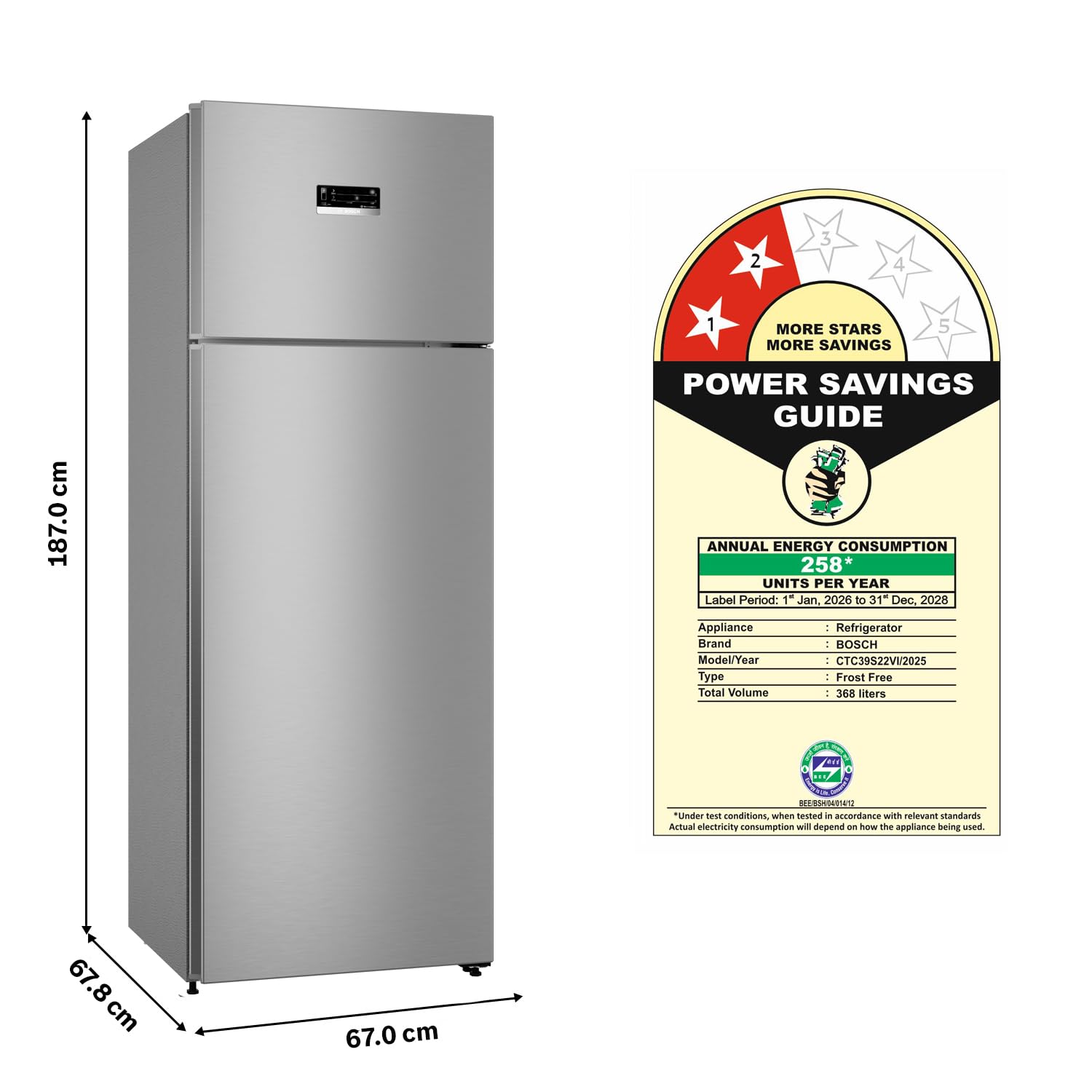 Bosch CTC39S22VI 368L 2 Star Inverter Frost free Double Door Refrigerator ( 6-in-1 Convertible, 18 Hours Cooling Retention, Digital Display, Super Freeze, 80min Convert,Fine Steel) Mahajan Electronics Online