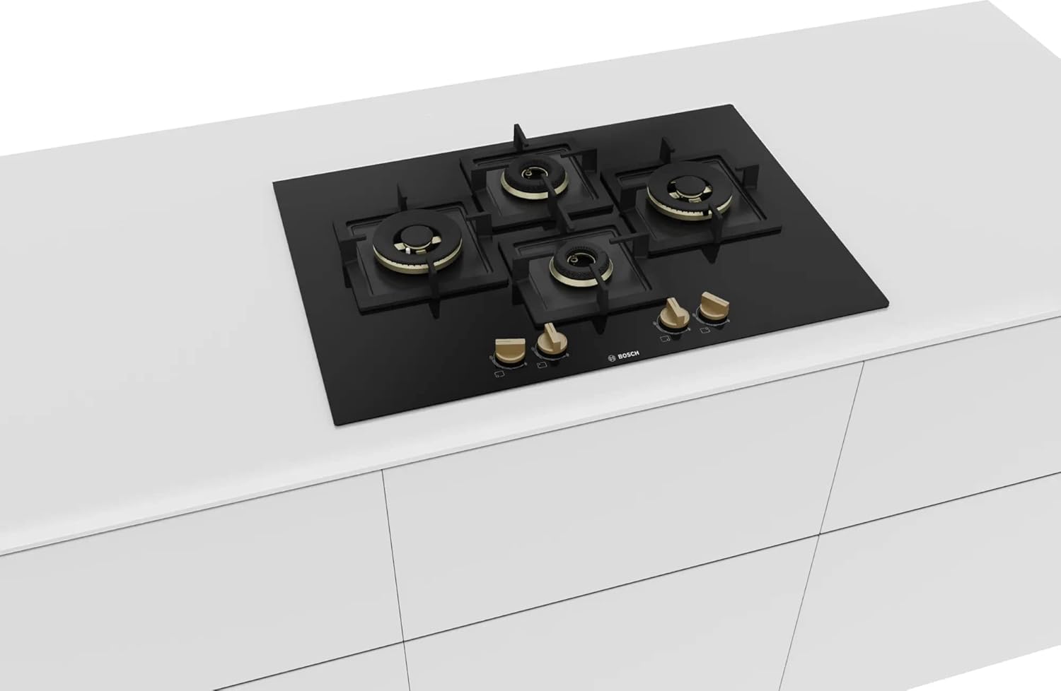 Bosch PNI7B6F20I Built in Gas Hob Black Tempered glass Glass 4 Burner Auto Ignition 75 cm True Brass 2D Ring Burners with Matt Black Heat Shields & Cast Iron pan supports Mahajan Electronics online