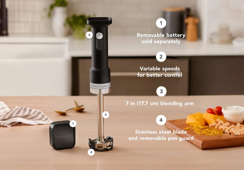 KitchenAid 5KHBRV00ABM Go Cordless Hand Blender, 700ml BPA-Free Blending Jar, Variable Speed Trigger, Stainless Steel Blade, Removable Stainless Steel Blending Arm (Lithium Ion Battery 10.8V | Sold Separately) BRAUN