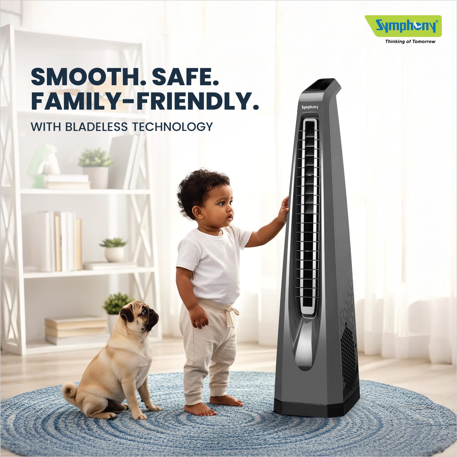 Symphony AFNTF002 Surround-i Bladeless Tower Fan for Room (Grey) | High-Speed Airflow | Touchscreen Panel | Remote Control | Swivel Action Symphony