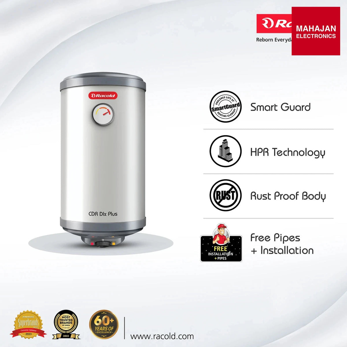 Racold CDR DLX Plus 25L 5 Star Storage Water Geyser – Titanium Plus Tank, Fast Heating, Vertical Mount Racold – Mahajan Electronics Online.