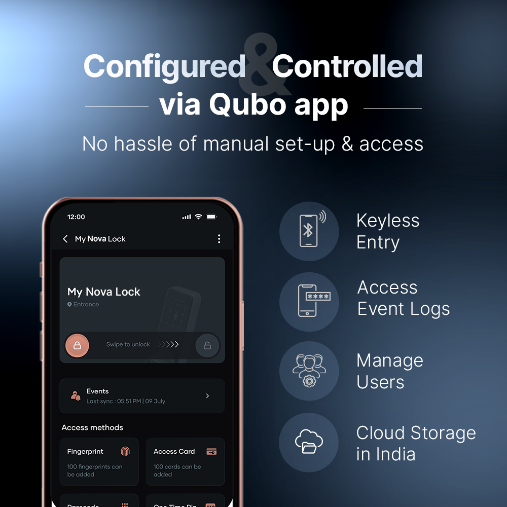 Qubo Smart Door Lock NOVA (Black) | 6-in-1 Keyless Entry | Fingerprint, PIN, RFID, OTP & App Unlock | Mortise Deadbolt | Mahajan Electronics Delhi NCR