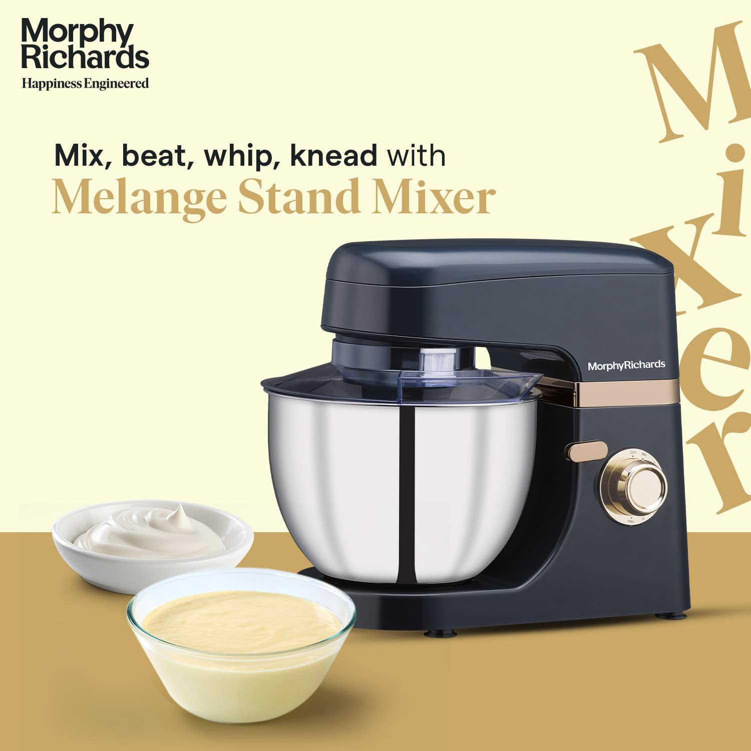Morphy Richards Melange 800W Stand Mixer |Mixing, Beating, Kneading, Whisking| 8-Speed Level|Attachments-Dough Hook, Whisk, Mixing beater|Navy Blue - Mahajan Electronics Online