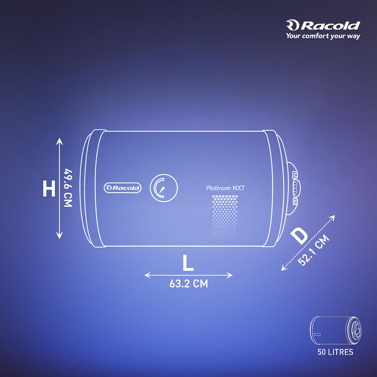 Racold Platinum Nxt 50L RHS Horizontal Energy Efficient Water Heater(Geyser) for Home| 33% faster heating |Titanium Plus technology |Free Standard Installation & Pipes | Suitable for bathroom Racold