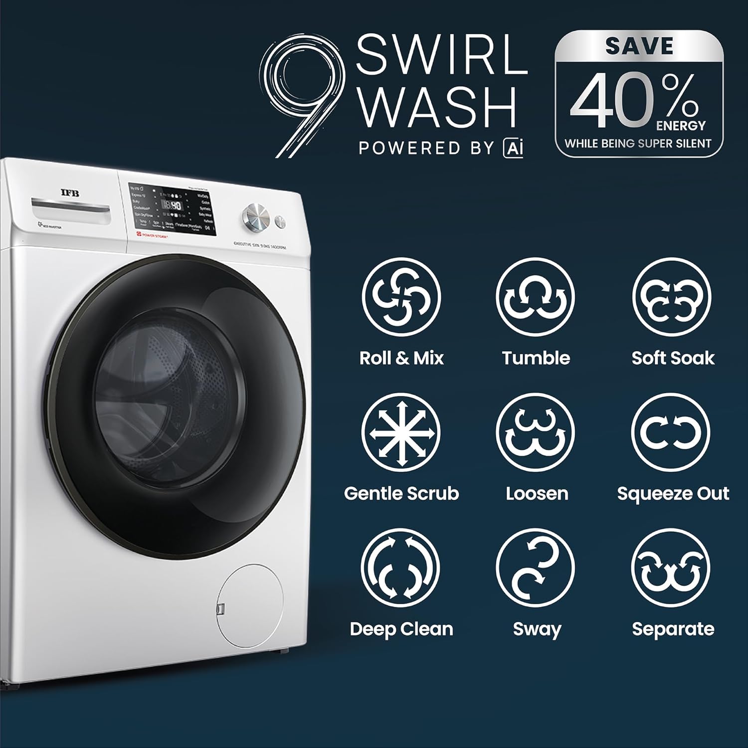 IFB EXECUTIVE SXN 9014K CMS 9 Kg 5 Star, DeepClean® Tech, AI Powered, WiFi, Fully Automatic Front Load Washing Machine ( PowerSteam®, 9 Swirl, Steam Refresh, Inbuilt Heater, Eco Inverter, Rich Silver) Mahajan Electronics Online