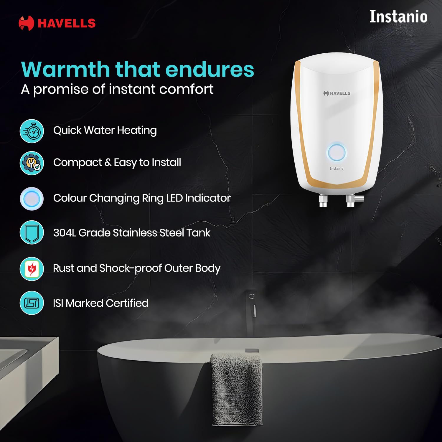 Havells Instanio 3L Instant Water Heater(Geyser)|Temp. Sensing LED Indicator| Rust & Shock Proof Body| ISI Marked|Warranty:5 year on Inner Tank| High Rise Compatible(White Mustard) Mahajan Electronics Online
