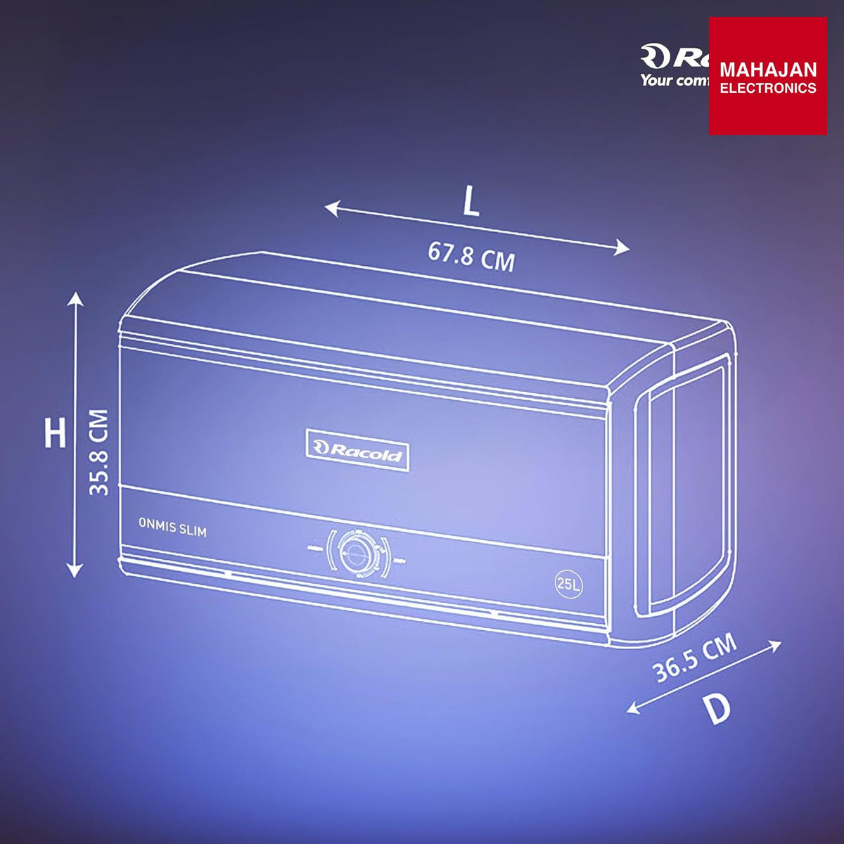 Racold Omnis Slim 25L Horizontal Energy Efficient Storage Water Heater (Geyser) With Free Standard β Mahajan Electronics Online.