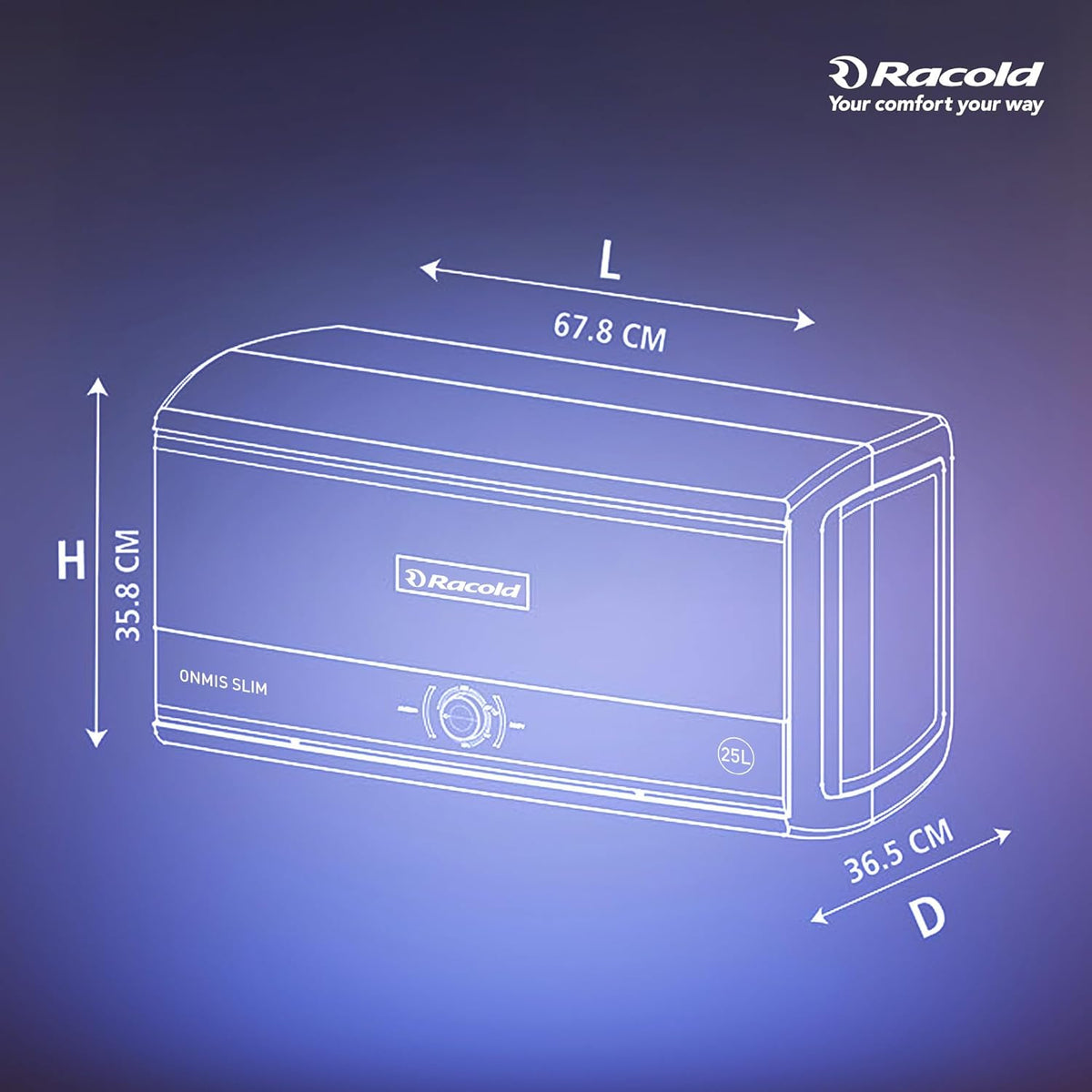 Racold Omnis Slim 25L Horizontal Energy Efficient Storage Water Heater (Geyser) With Free Standard β Mahajan Electronics Online.