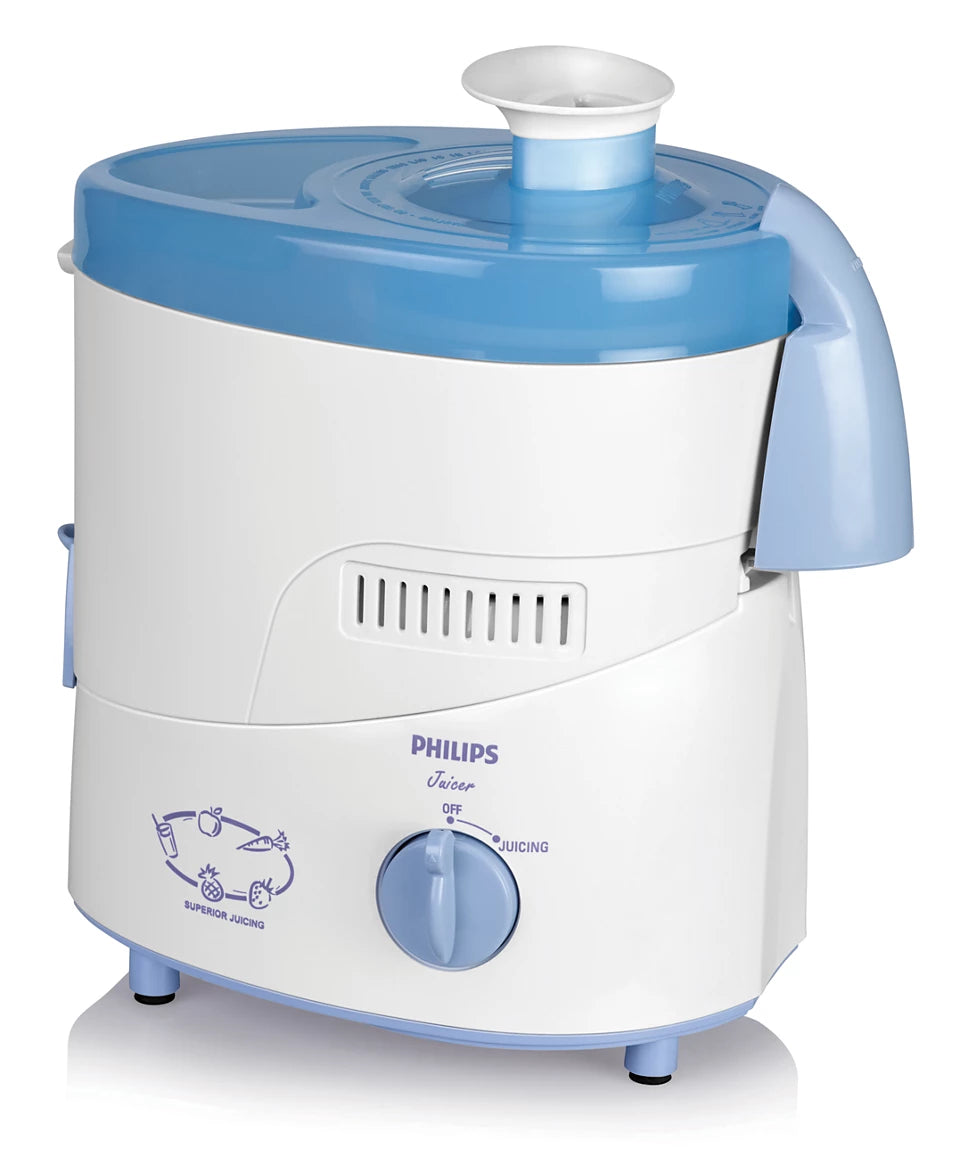 Philips HL1631/J 500W Juicer with Reverse Spiral Sieve for Maximum Juice Extraction – White & Blue