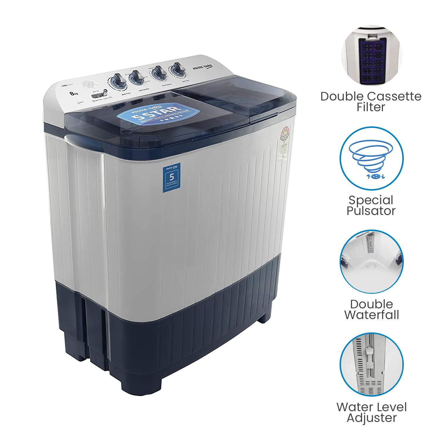 Voltas Beko WTT80DBLT 8 Kg Semi-Automatic Top Load Washing Machine | Double Waterfall | Soft Close Lid | Dual Cassette Filter | 1300 RPM Fast Dry | Sky Blue | Mahajan Electronics Voltas Beko