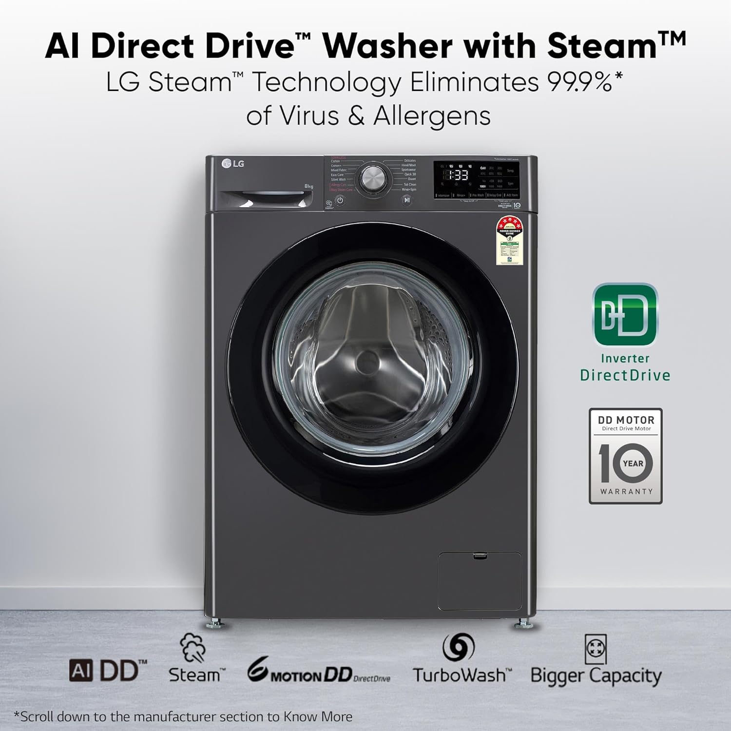 LG FHP1208Z3M 8 Kg, 5 Star, AI Direct Drive Technology, Steam & 6 Motion DD Fully-Automatic Front Load Washing Machine ( Intelligent & Convenient Fabric Care, Allergy Care, Middle Black) Mahajan Electronics Online