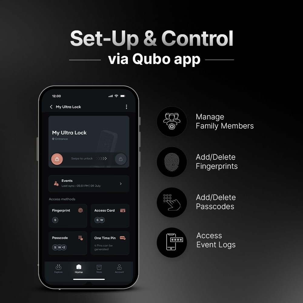 QUBO Smart Door Lock Ultra from Hero Group | 7-Way Unlocking | 5 Bolts | Fingerprint | Remote Unlocking via OTP | PIN | Access Card | Mobile App | Mechanical Key | 3 Years Brand Warranty | (Black) OC-HLM09BL1 Mahajan Electronics Online