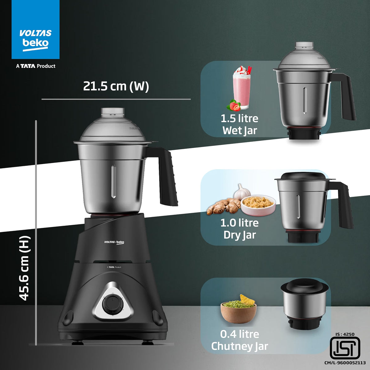 Voltas Beko, G7503HP-BL 750 W Mixer Grinder with GrindX Technology ( | 3 Jars | Black) Voltas Beko