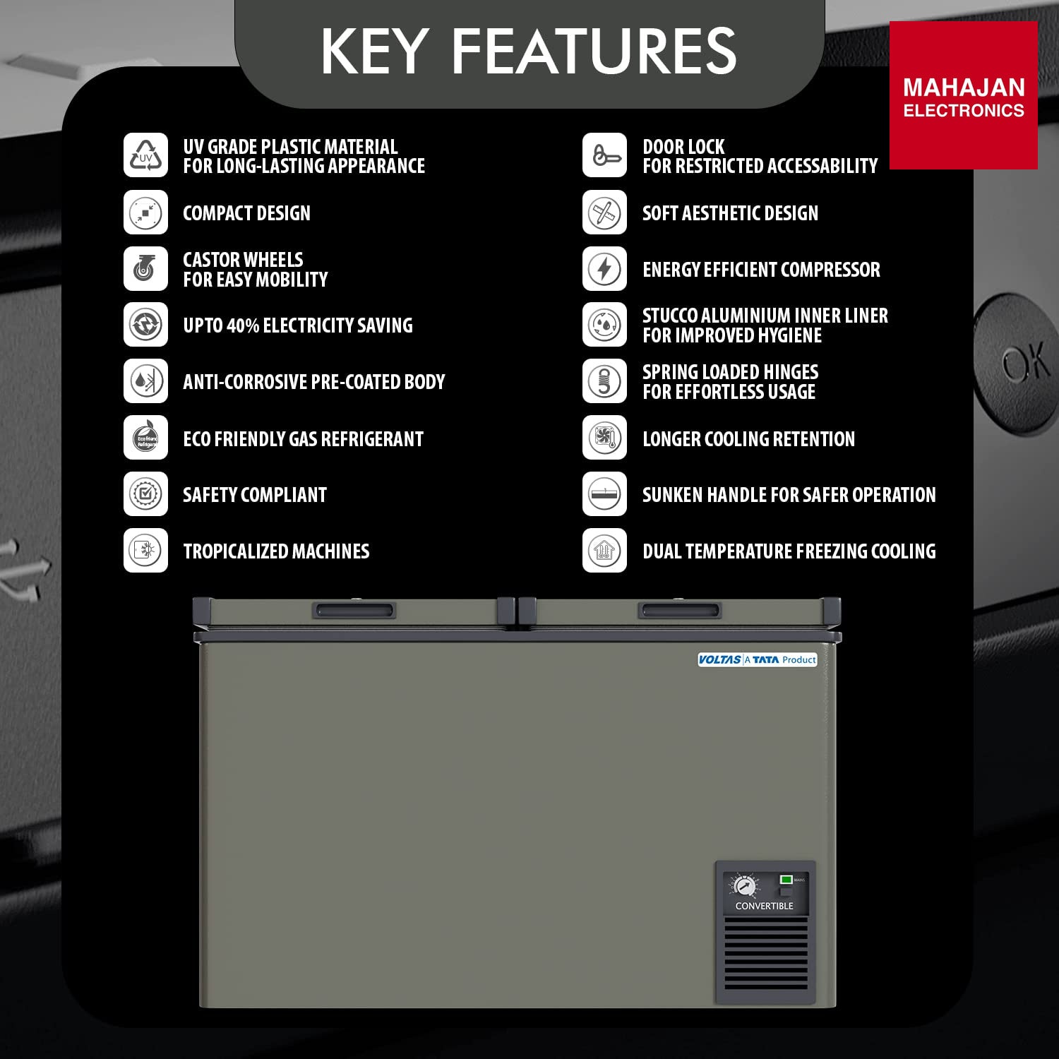 Voltas CVF320DB3-P-GE (2026) 303 Litre 2-Door Hard Top Deep Freezer | CFC-Free, Castor Wheels, Lockable – Mahajan Electronics Online.