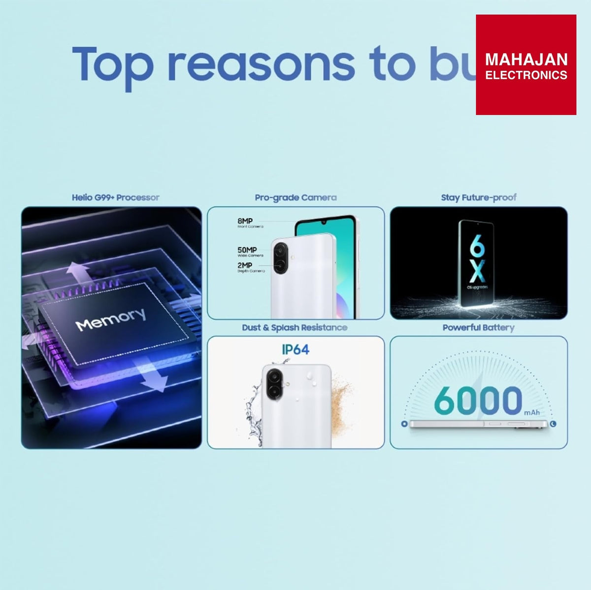 Samsung Galaxy A08 LTE (Silver, 4GB RAM, 64GB Storage), MediaTek Helio G99+ (6nm), 50MP Dual Camera, 6000mAh Battery, IP64 Rating, 6 Gen OS Upgrades – Mahajan Electronics Online.