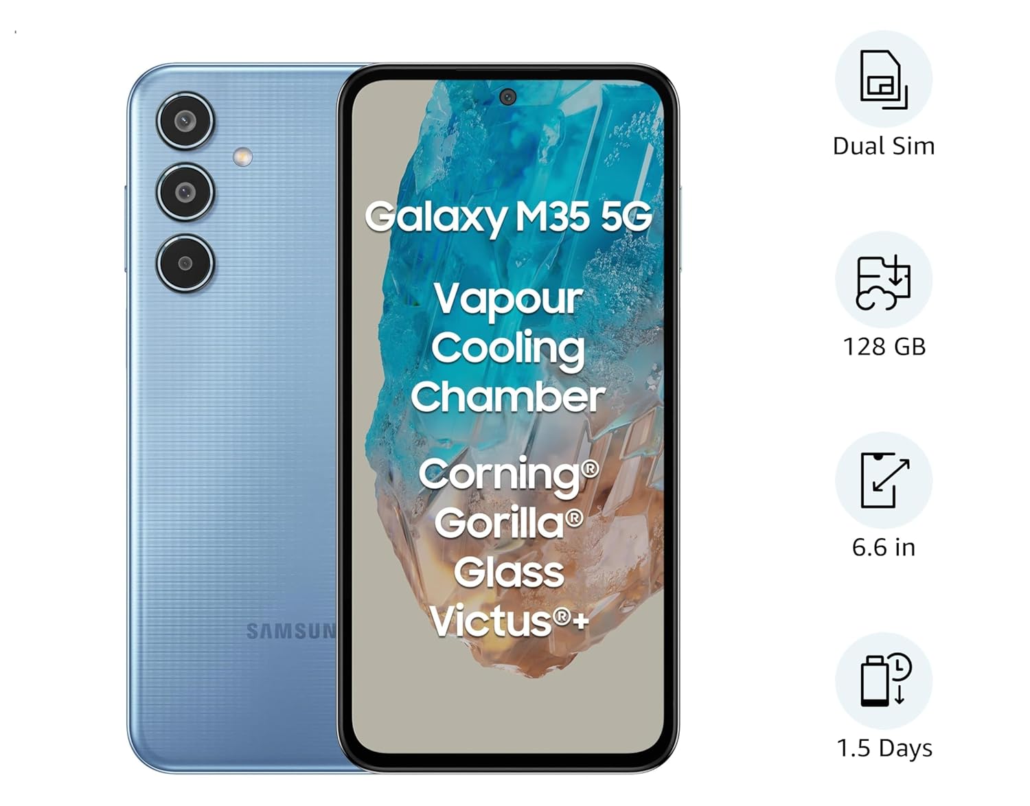 Samsung Galaxy M35 5G (Daybreak Blue,8GB RAM,128GB Storage)| Corning Gorilla Glass Victus+| AnTuTu Score 595K+ | Vapour Cooling Chamber | 6000mAh Battery | 120Hz Super AMOLED Display| Without Charger Mahajan Electronics Online